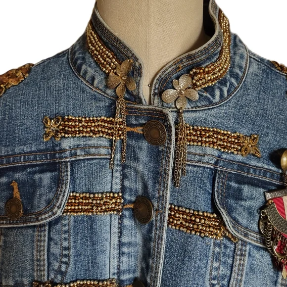 Upcycled Classic Denim Crop Jean Jacket With Hand Embellished Appliques - Picture 6 of 7